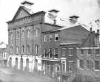 Fords Theater with guards posted entrance and crepe draped windows.